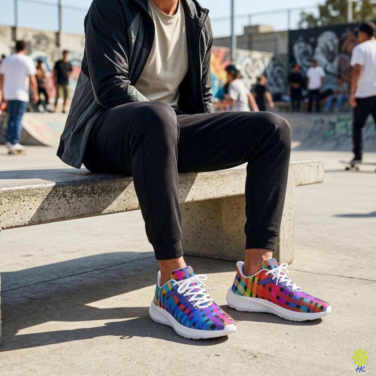 Gros plan d'une cheville portant des baskets à imprimé géométrique avec un jean et un foulard imprimé