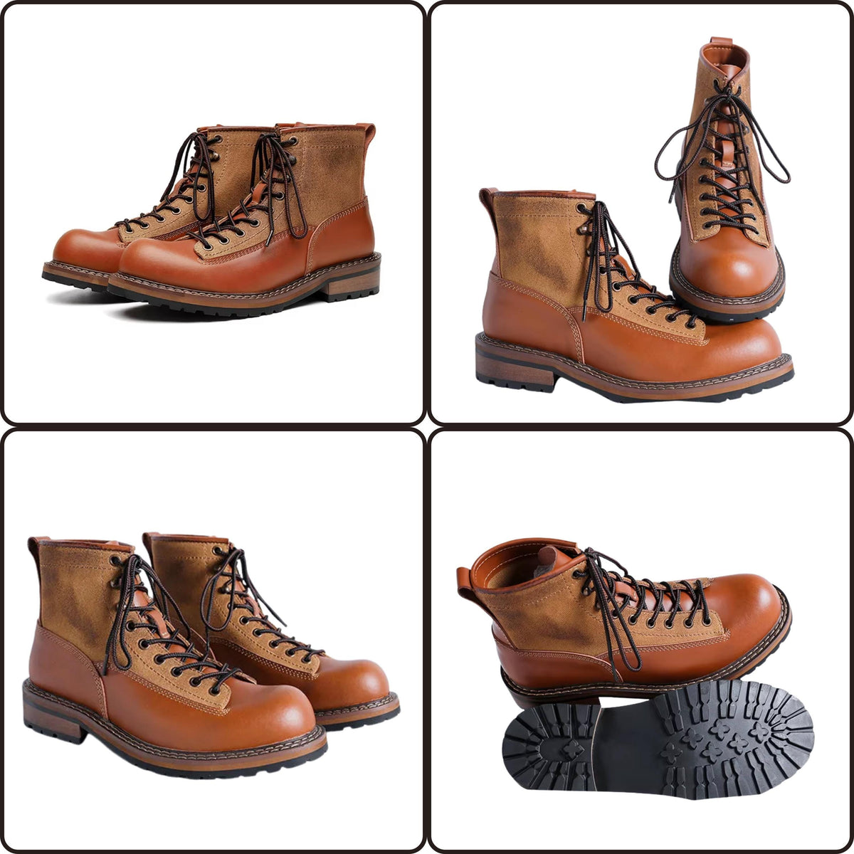 The image is a collage of four photos featuring a pair of brown leather boots with laces and a tan lining.