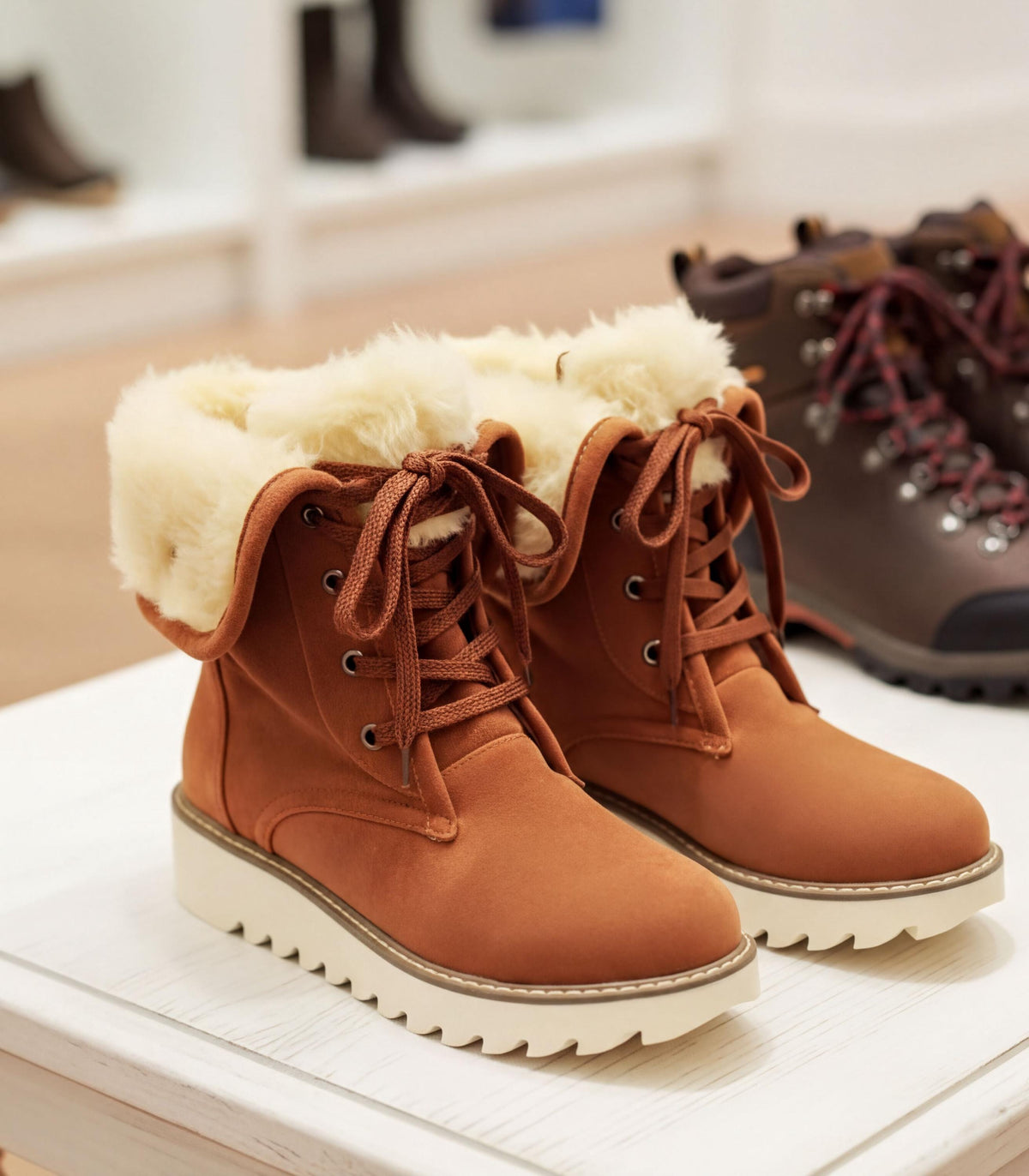 A pair of brown boots with white fur lining, displayed on a white surface.
