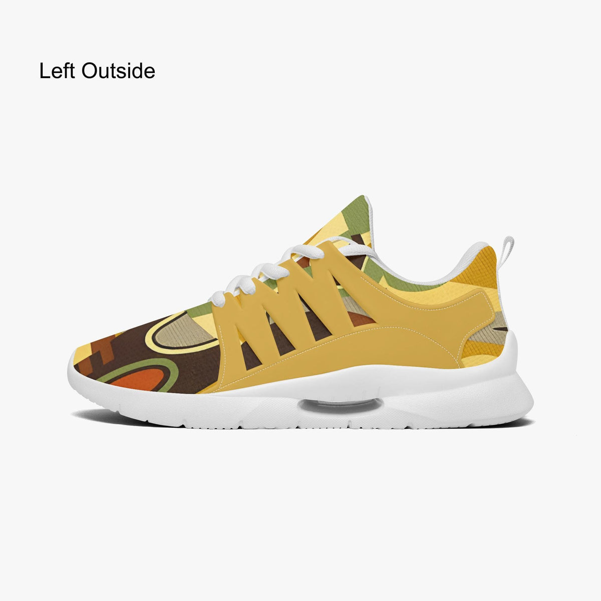 A colorful and patterned sneaker with a yellow and orange design.