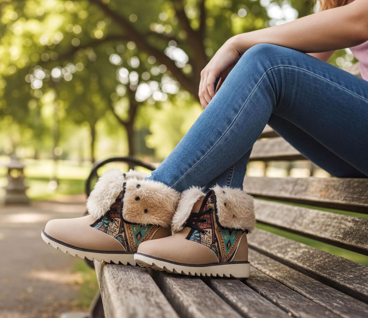 A person is sitting on a wooden bench in a park, wearing a pair of beige boots with fur trim.