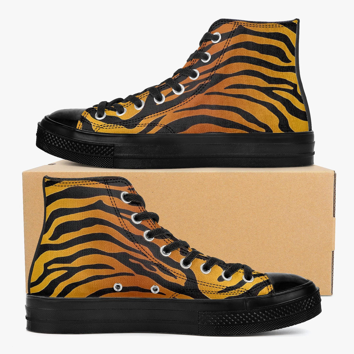 A pair of high-top sneakers with a bold tiger print pattern in black and orange colors.