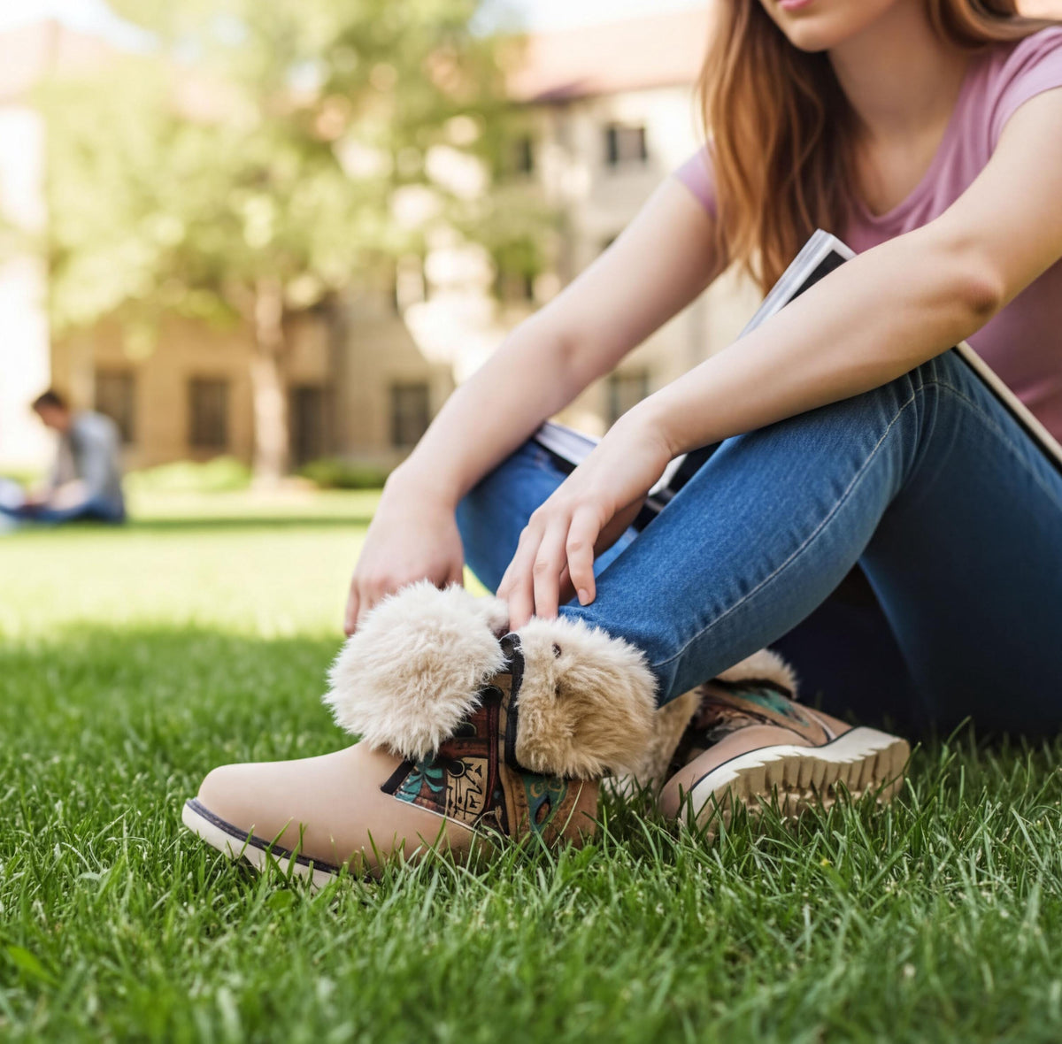 A person sitting on the grass, wearing a pink shirt and blue jeans, with their feet resting on the grass.