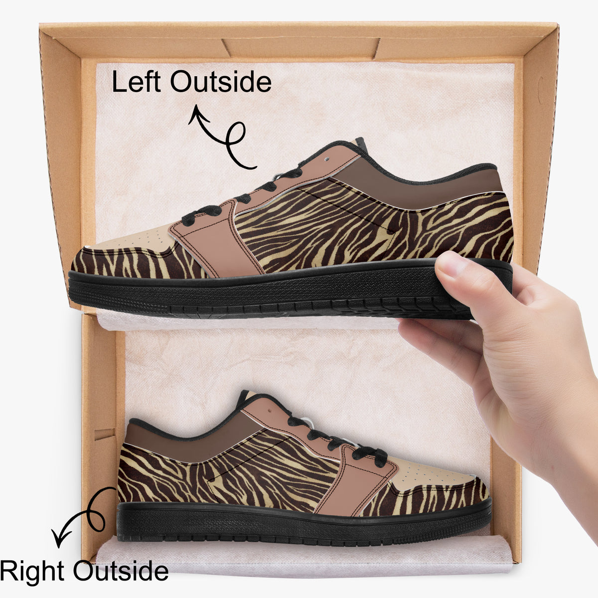 Rear view of zebra print sneakers showing heel and sole