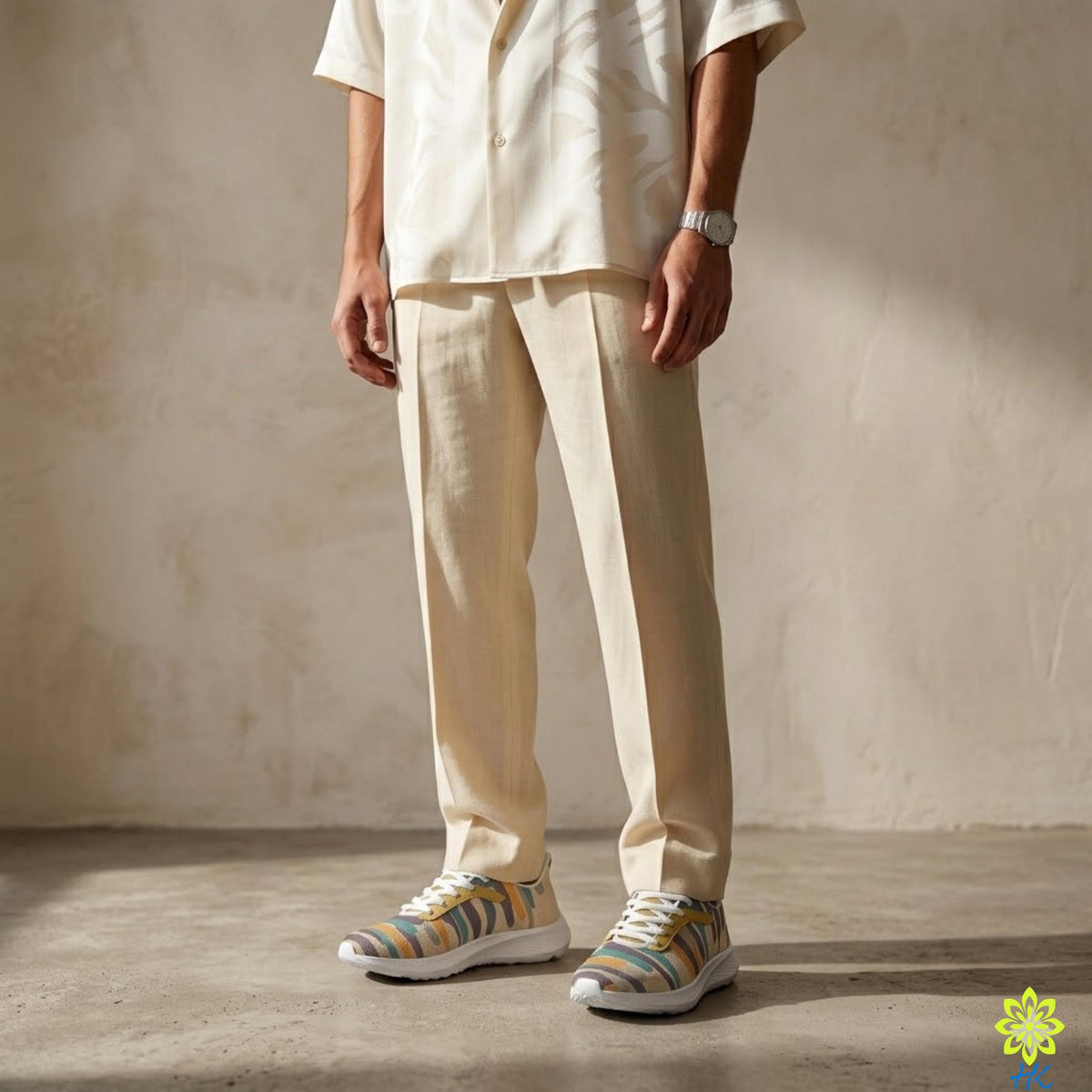 A person wearing a white shirt and beige pants stands in a room with a concrete floor and a plain wall.
