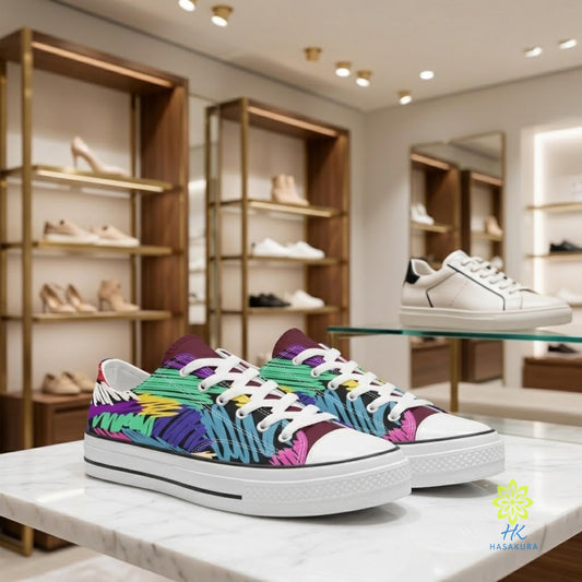 A pair of colorful sneakers with a tropical print design, displayed on a white marble countertop in a shoe store.