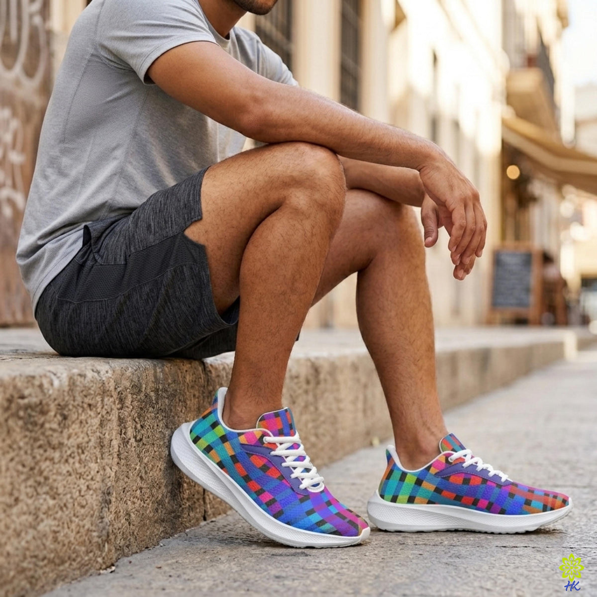 Homme assis sur un rebord en pierre portant des baskets à imprimé géométrique avec un short gris et un tee-shirt