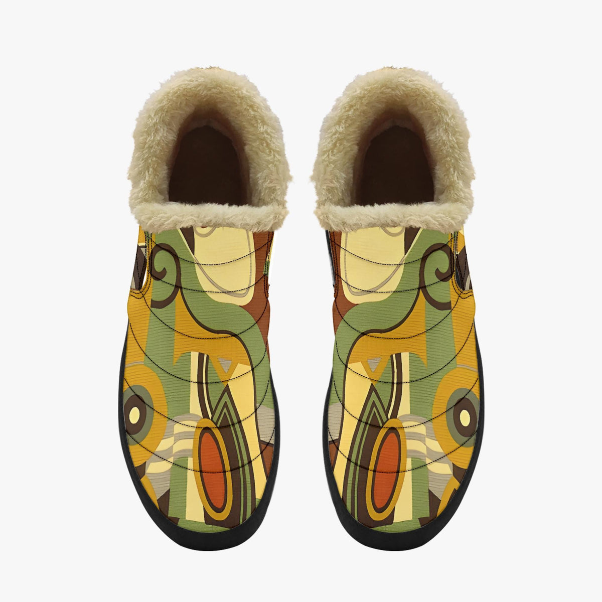 A pair of colorful, patterned slippers with fur trim.