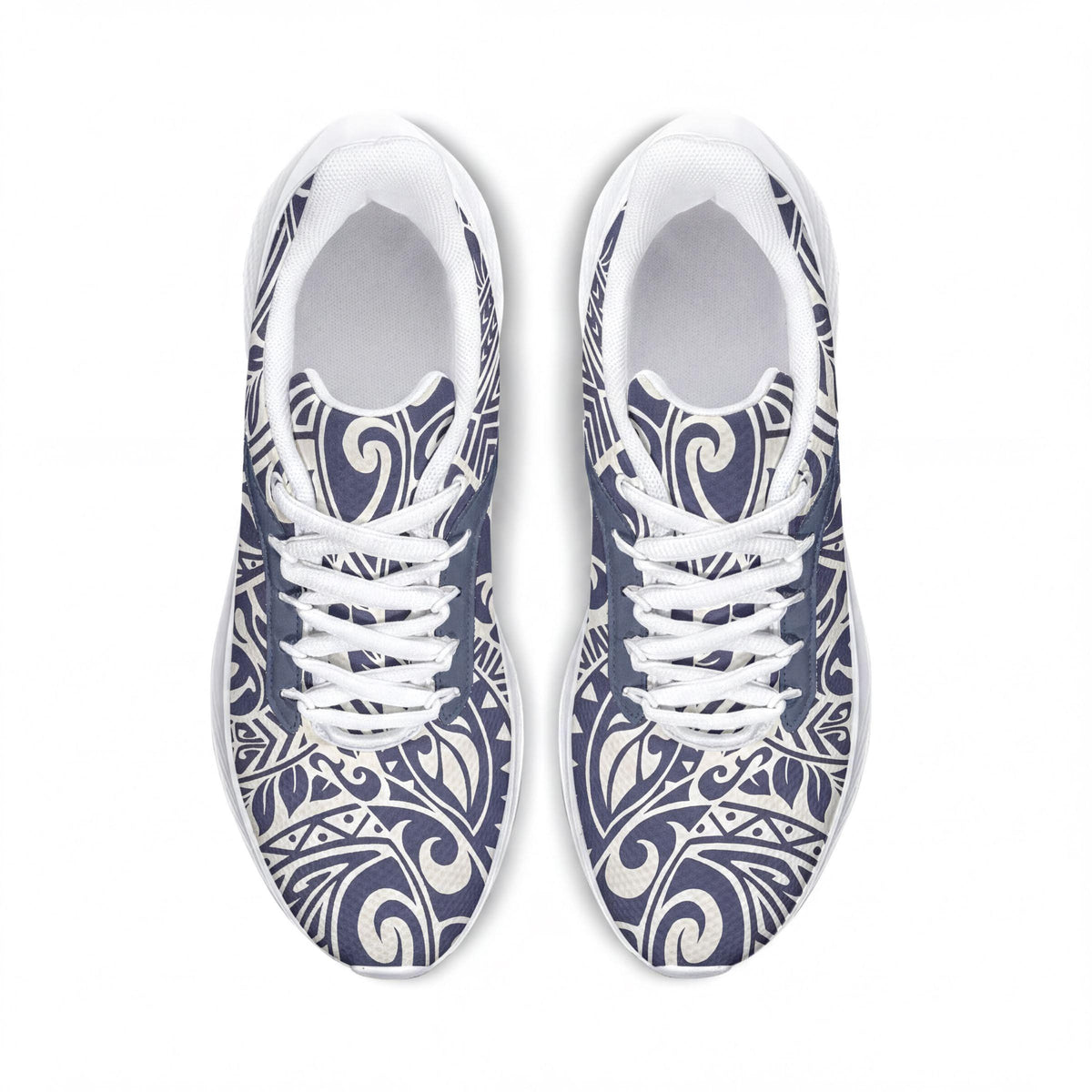 A pair of white and blue patterned sneakers with a floral design.