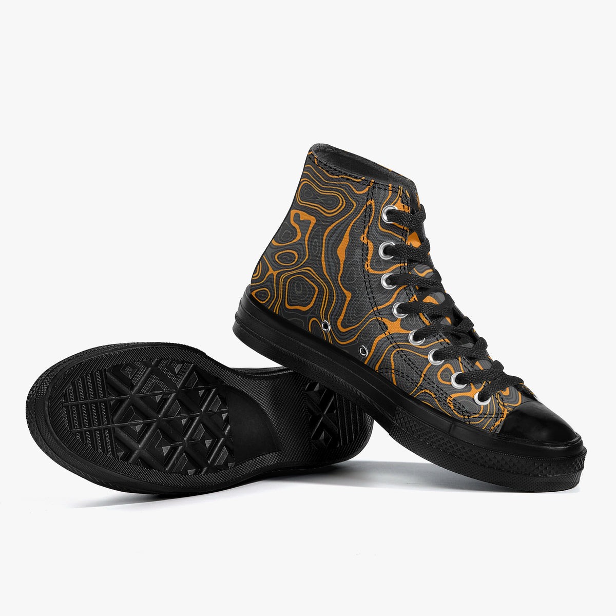 Black high-top sneakers with a brand logo on a white background