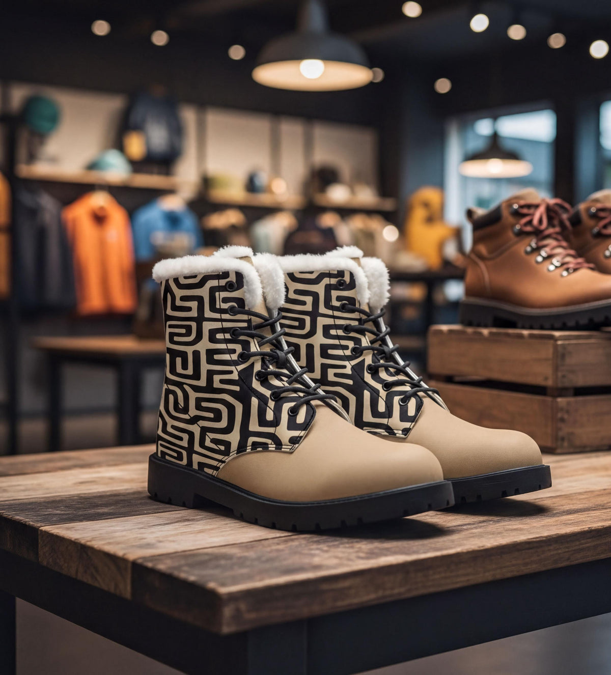 A pair of beige boots with a black and white patterned design, displayed on a wooden table in a retail setting.