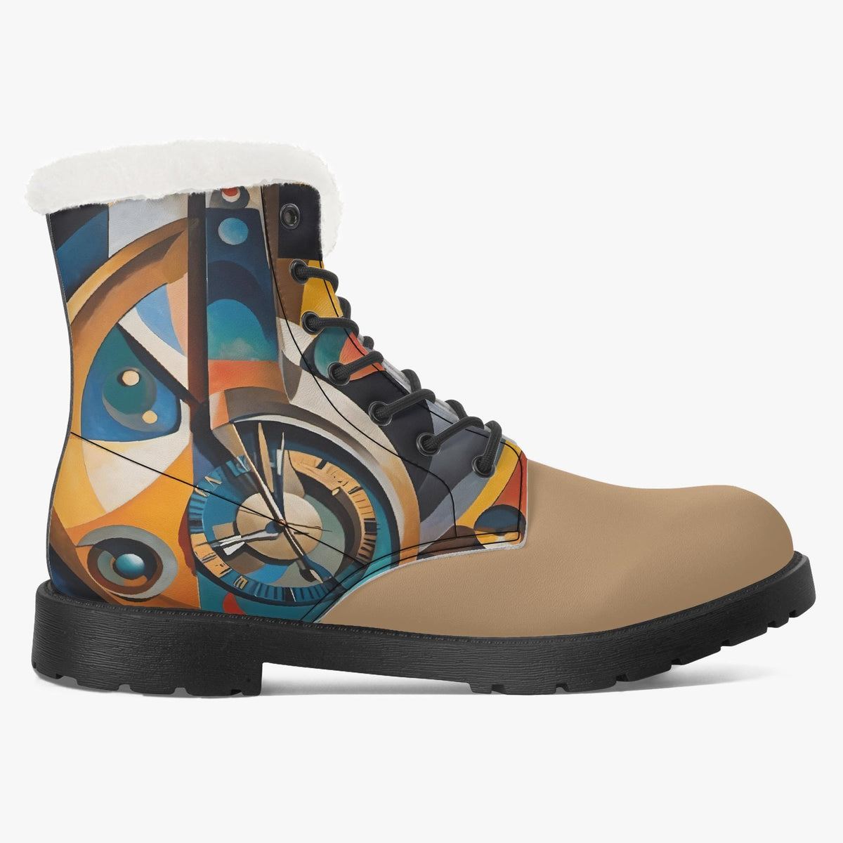 A pair of colorful, abstract-patterned boots with a white fur lining.