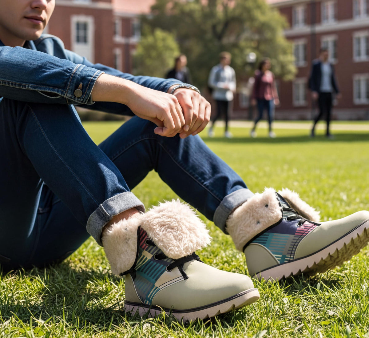 A person sitting on the grass wearing blue jeans and white boots with fur trim, with other people visible in the background.