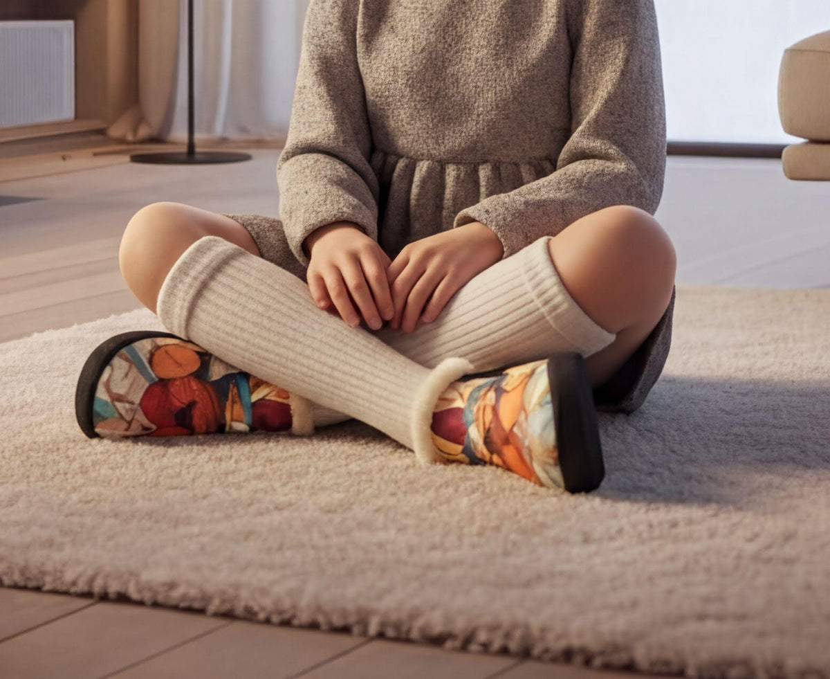 A person sitting cross-legged on a rug, wearing a gray sweater and white knee-high socks with a colorful pattern.