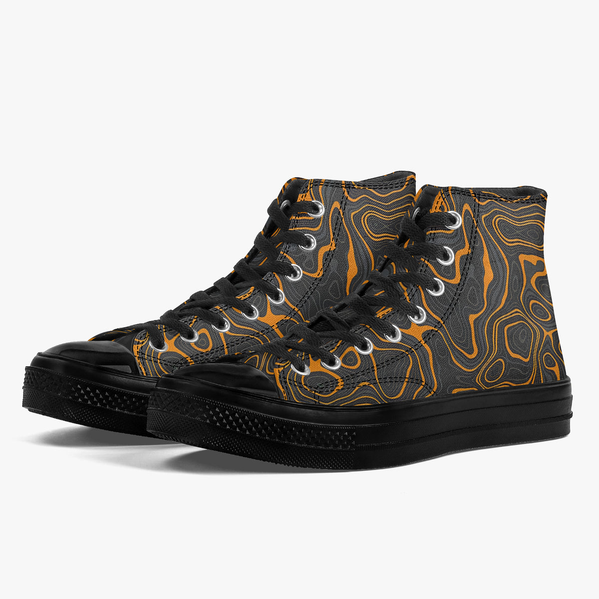 A pair of high-top sneakers featuring a black canvas upper with an orange and gray topographic contour line pattern, black laces, and black rubber soles, set against a plain light gray background.