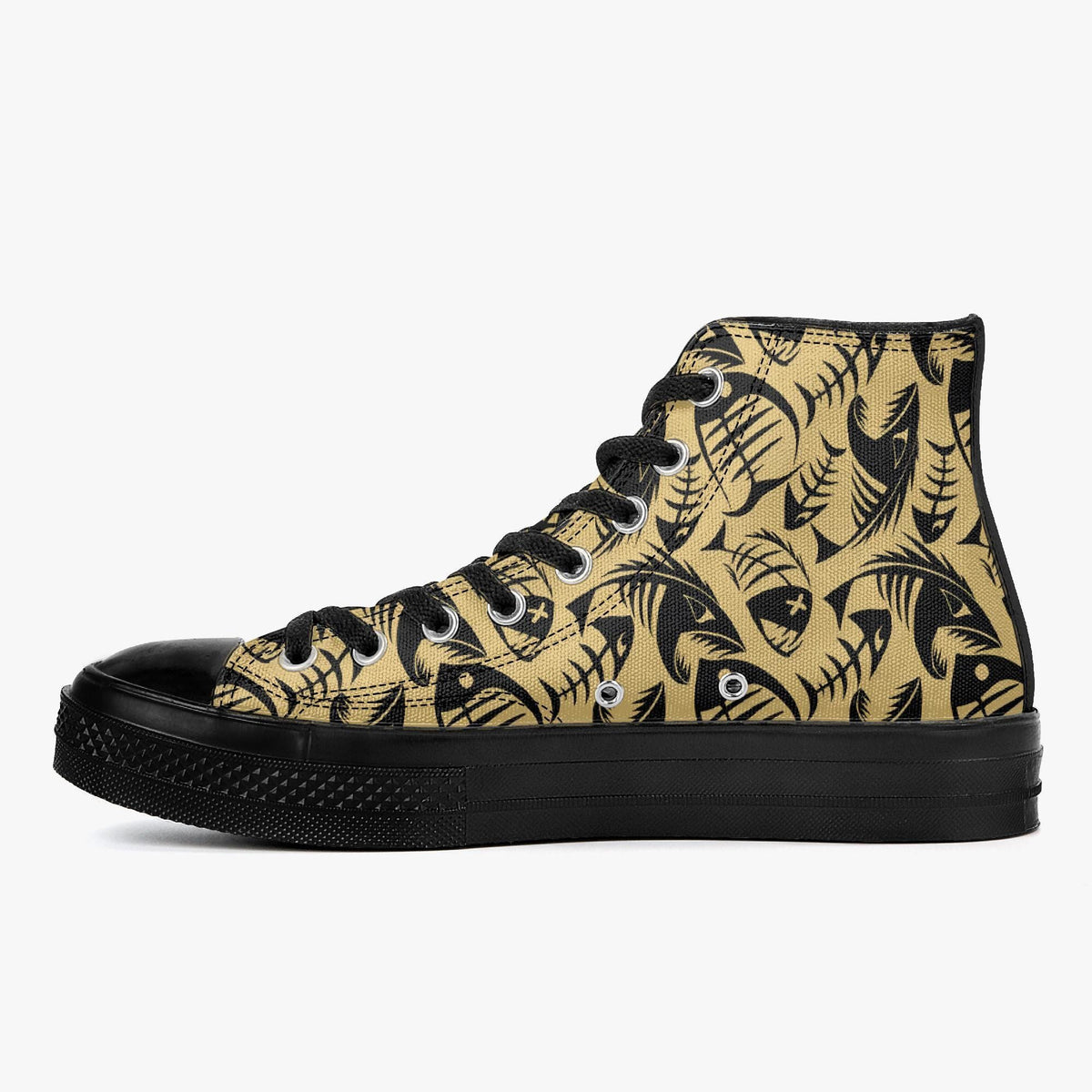 A pair of high-top sneakers with a black and gold fish print pattern on the side.