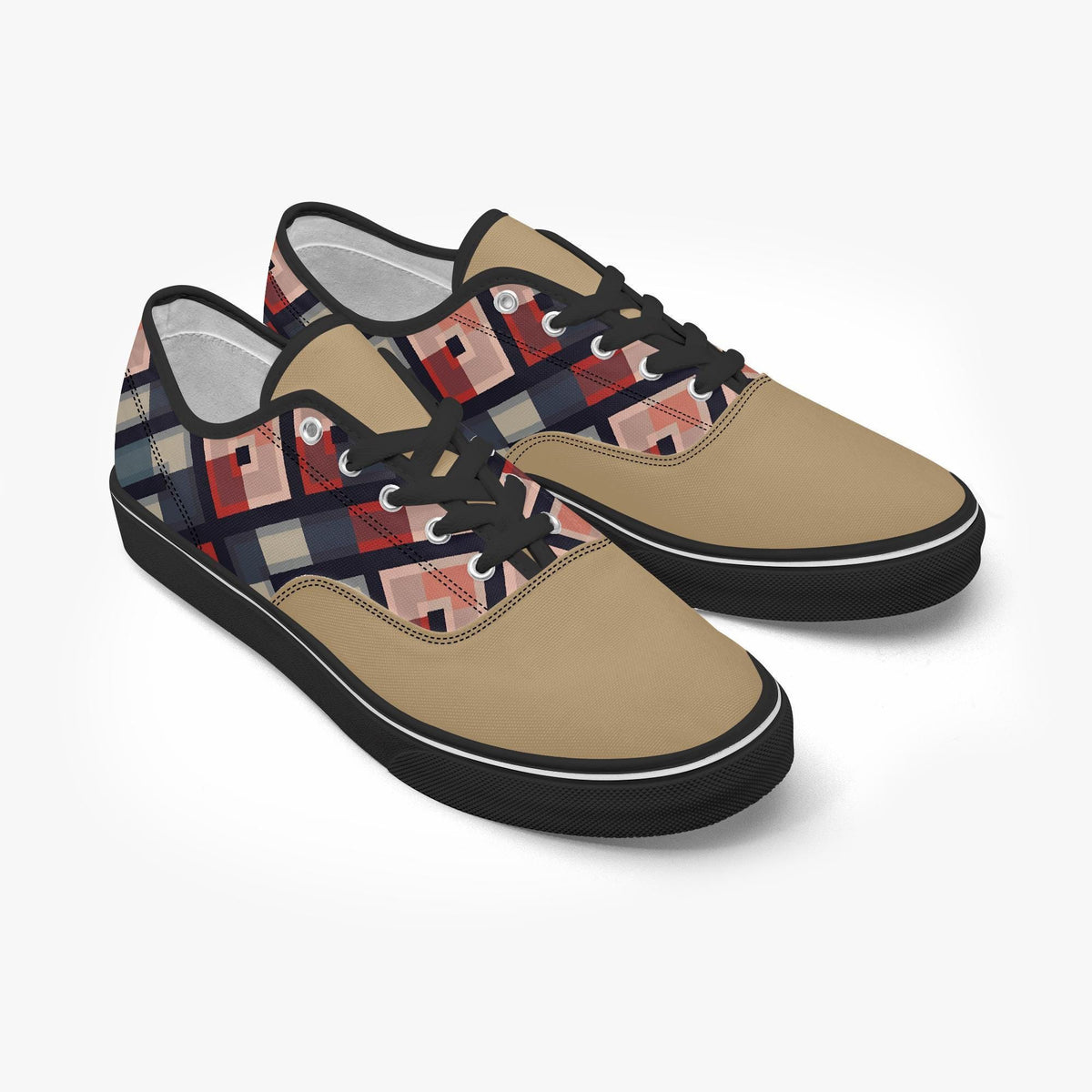A pair of colorful, patterned sneakers with a geometric design on the side.