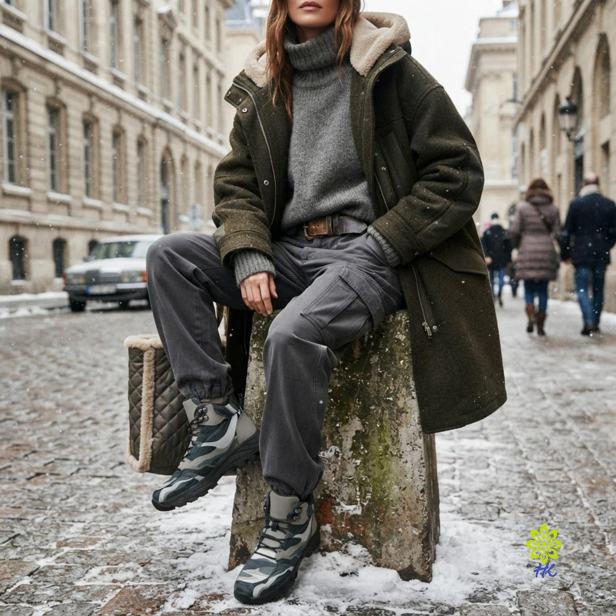 雪の降る通りで、ロングコートとカーゴパンツに迷彩ハイカットブーツを合わせ、石に座る女性