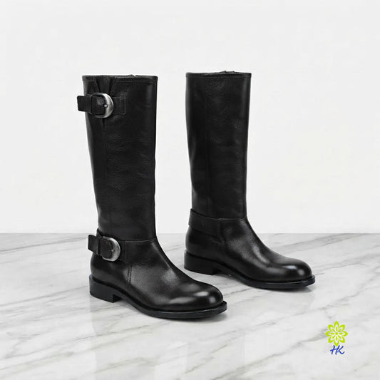 Botas de media caña de piel para mujer negras con doble hebilla