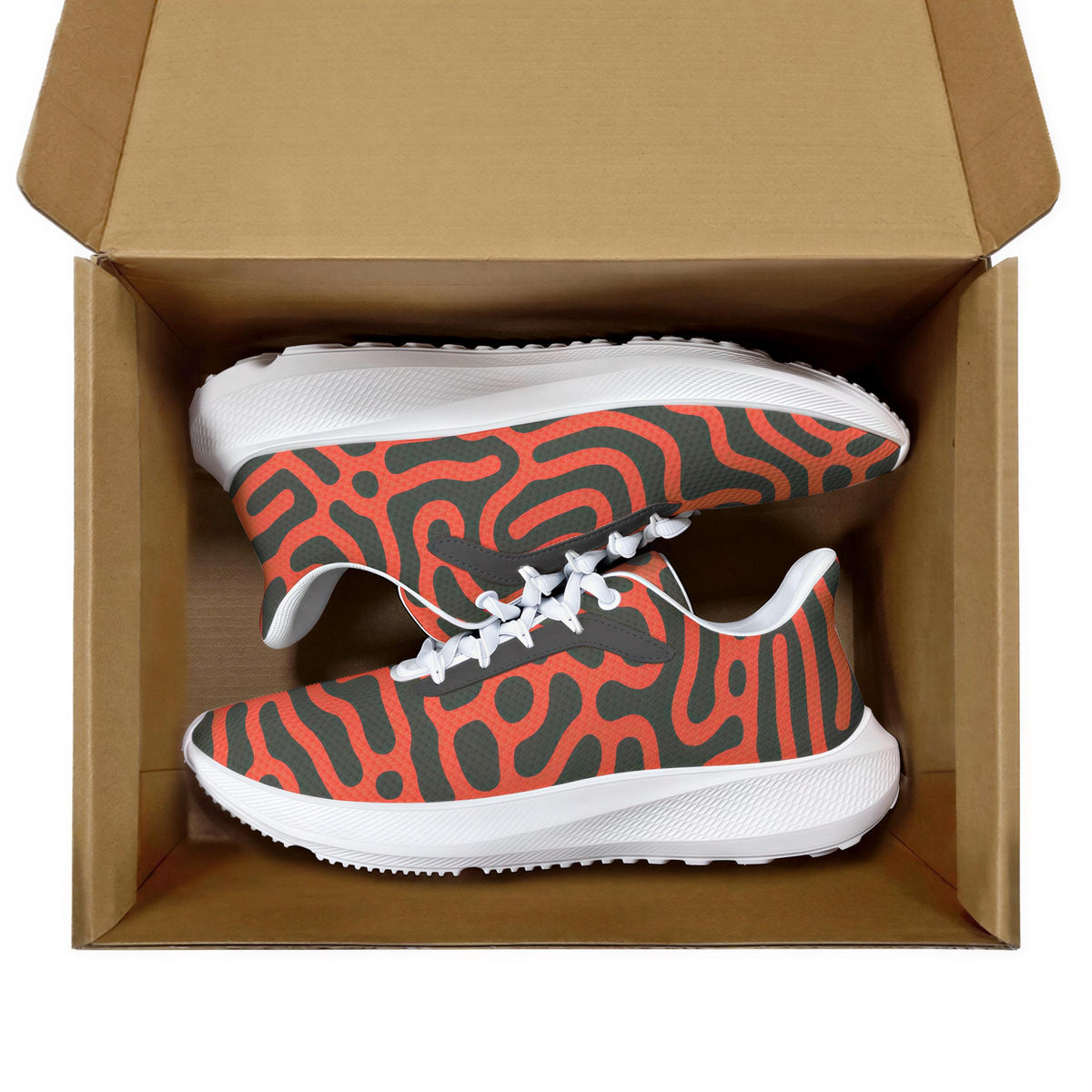 A pair of colorful sneakers with a bold, abstract pattern in orange and black.