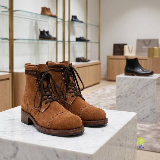 A pair of brown suede lace-up ankle boots displayed on a white marble pedestal in a boutique setting with wooden shelving and other boots in the background.