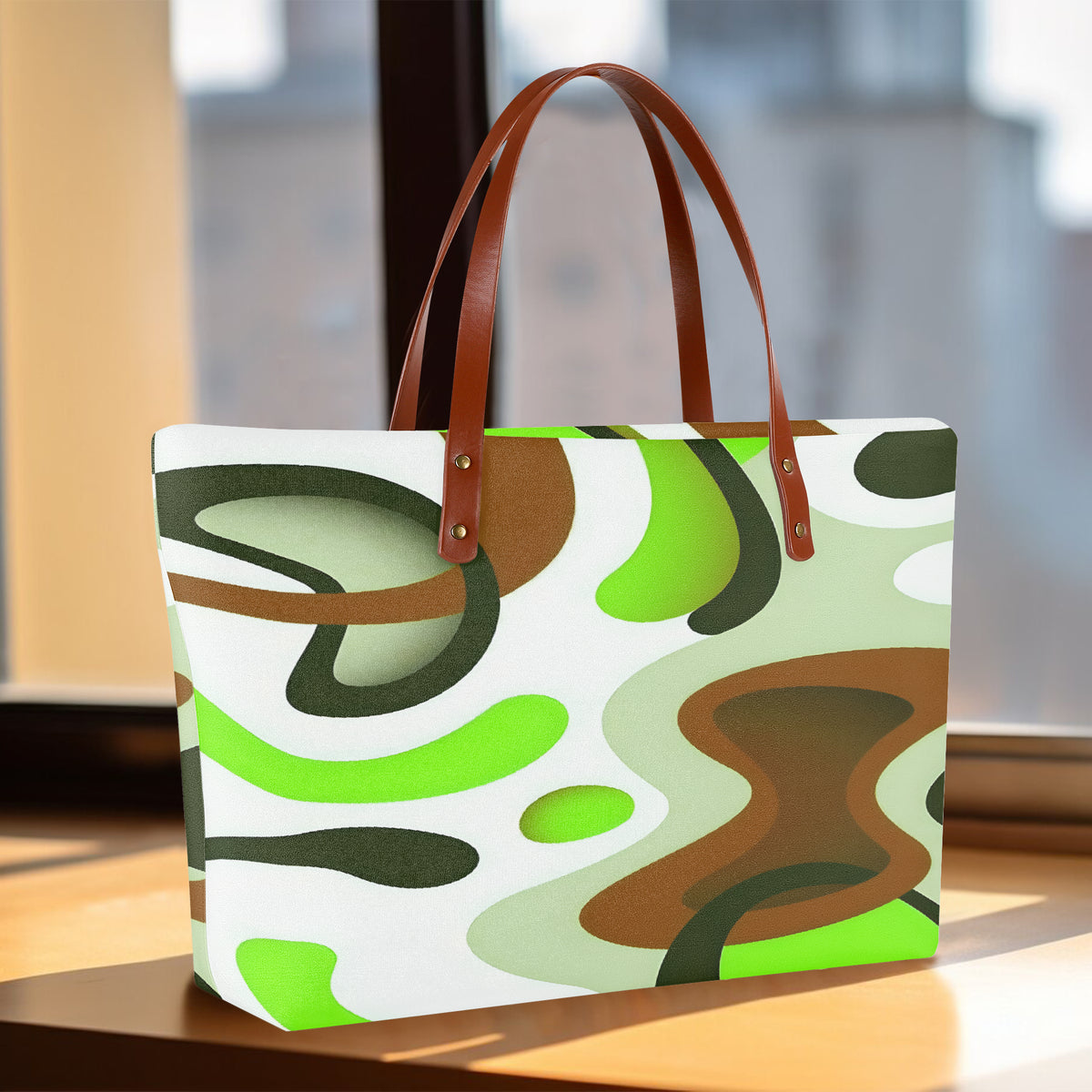 Tasche auf einer Holzoberfläche vor einem Fenster
