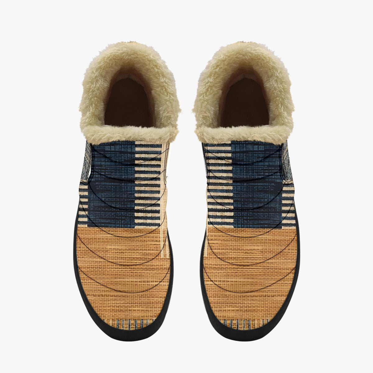 A pair of brown and black patterned shoes with fur lining.