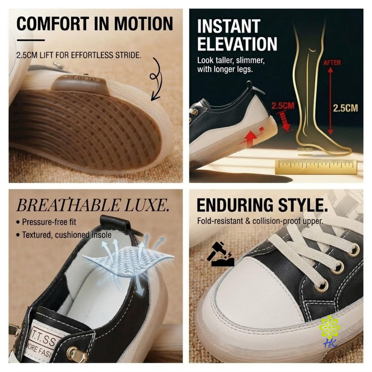 A 2x2 promotional collage for a low-top sneaker with text callouts: comfort in motion, instant elevation, breathable luxe, and enduring style. The collage shows close-up views of the shoe's sole, side profile, upper, and a graphic of a foot with a 2.