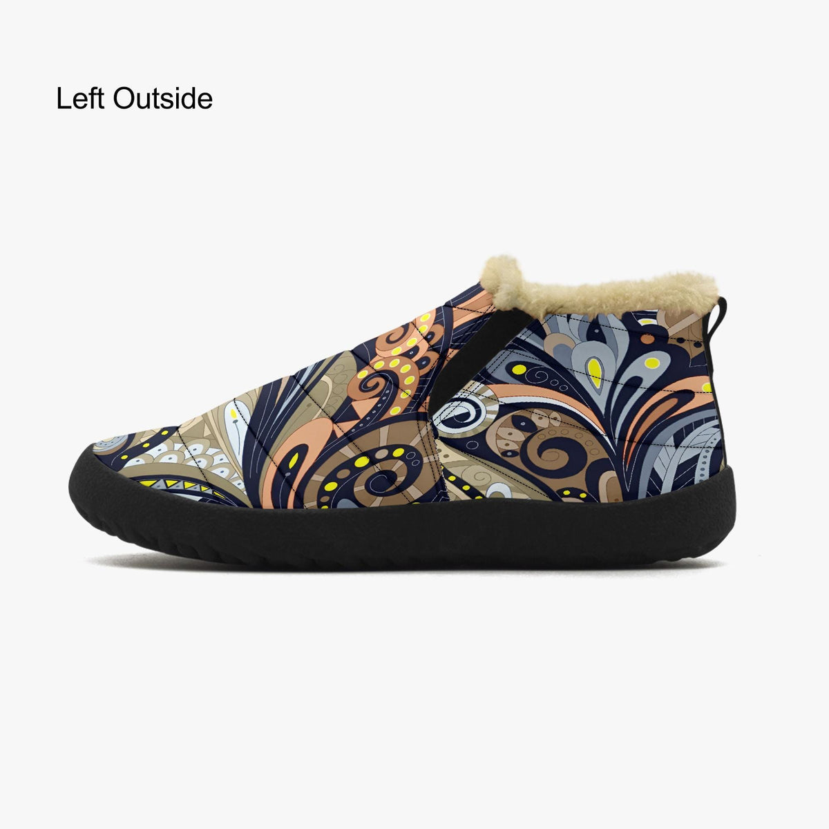 A colorful, patterned shoe with a fur lining, featuring a vibrant design with swirls, circles, and other abstract shapes in various shades of blue, orange, and yellow.