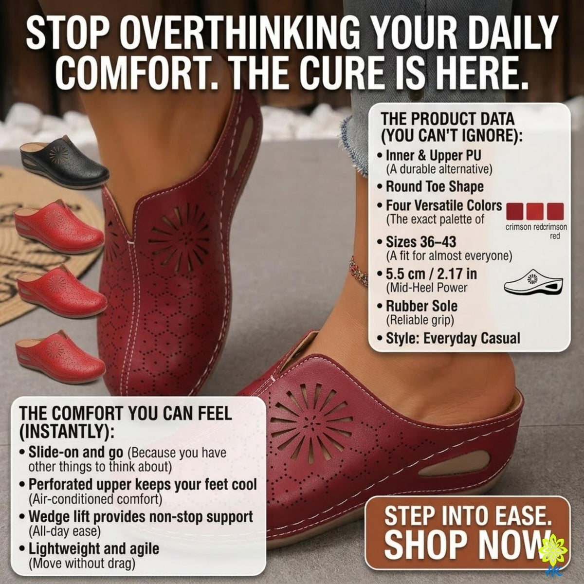 The image is an advertisement for a line of red slip-on shoes, featuring a close-up of a person's foot wearing the shoes, along with various descriptions of the shoes' features and benefits.