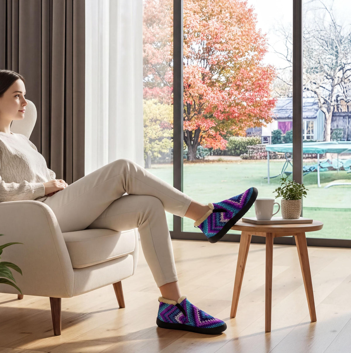 A woman sits in a chair, wearing colorful patterned shoes, with a view of a garden and a tree outside the window.