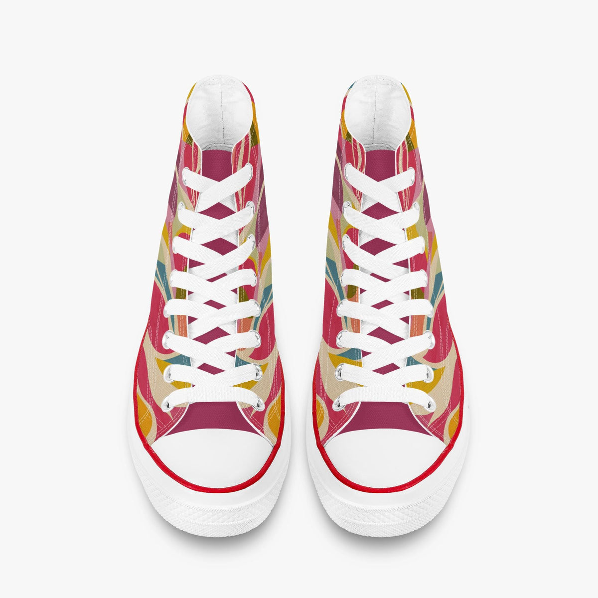 A pair of high-top canvas sneakers shown from a top-down view on a light gray background. The shoes feature a vibrant abstract pattern with magenta, yellow, teal, and orange brushstrokes, white laces, white rubber toe caps, and white soles.
