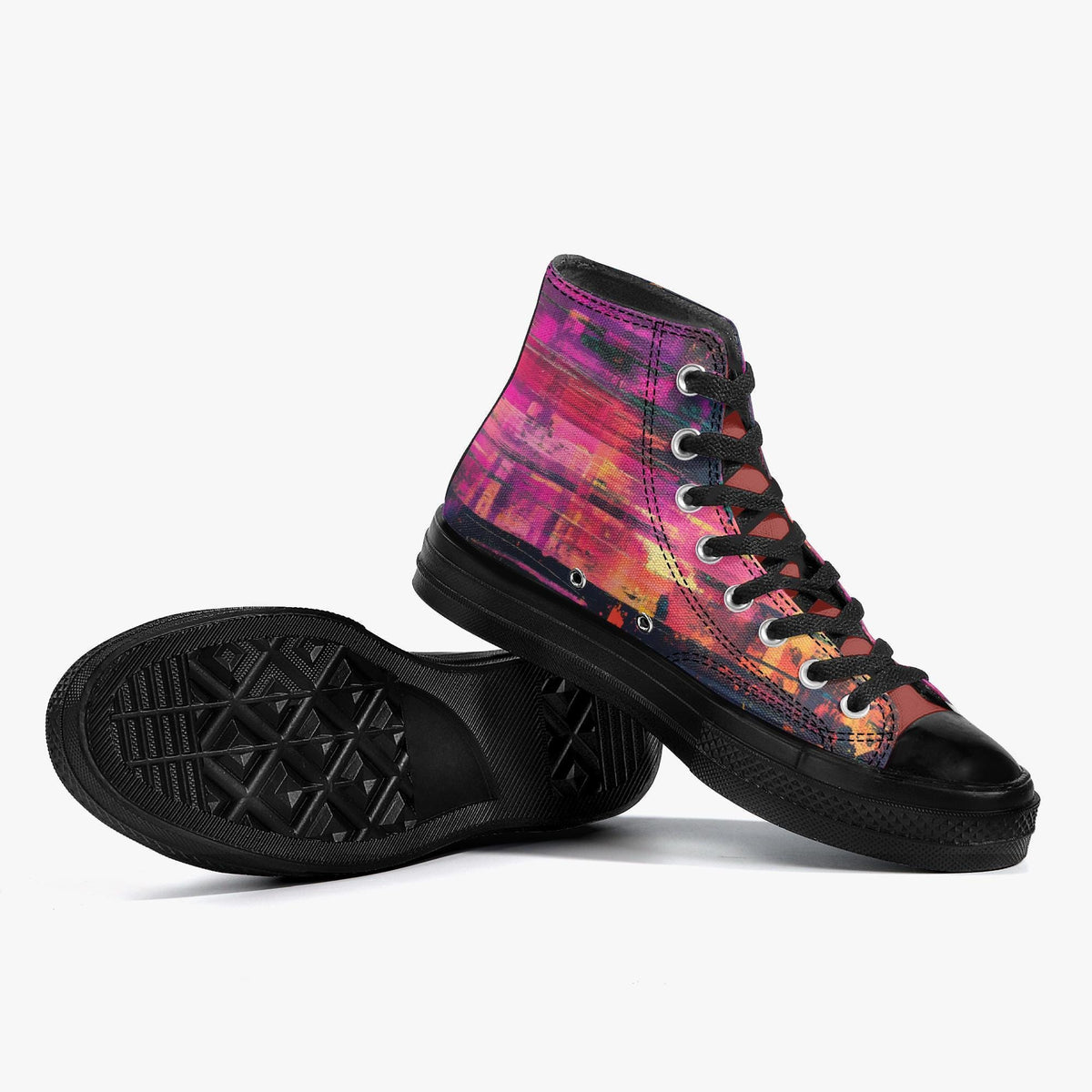 A pair of colorful, patterned high-top sneakers with black laces and soles.