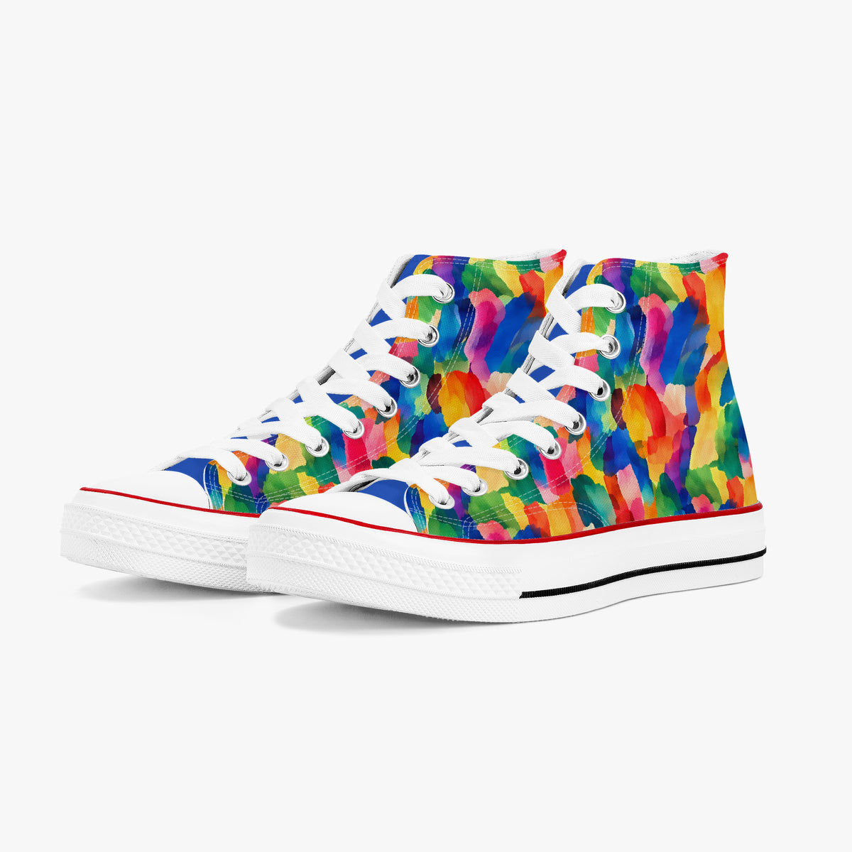 Front view of a pair of high top sneakers on a white background