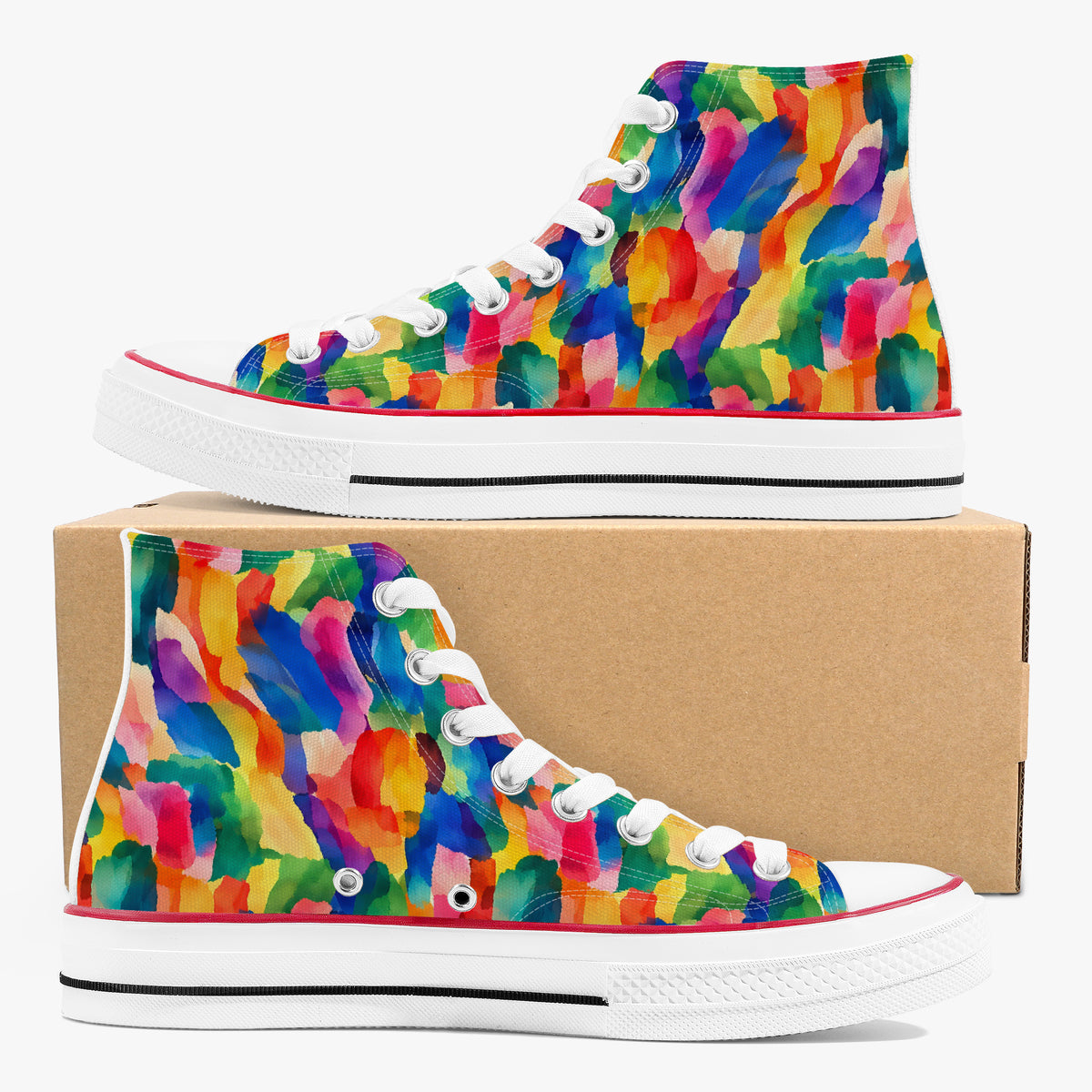 High top sneakers displayed in front of a cardboard box