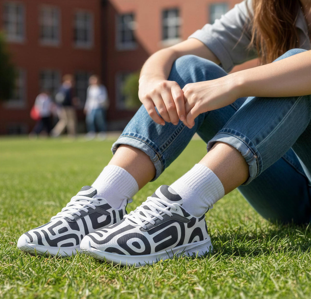 A person sitting on the grass wearing white and black patterned sneakers.