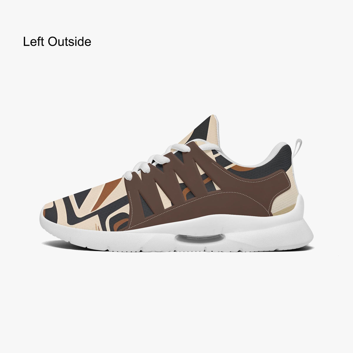 A pair of brown and white sneakers with a patterned design.