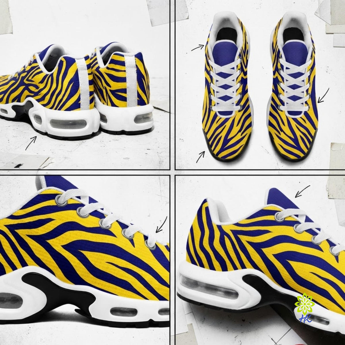 A four-panel collage showing a pair of low-top sneakers from multiple angles. The shoes have a bold yellow and dark blue zebra-like stripe pattern, white laces, white midsoles, black outsoles, and visible air cushioning units.