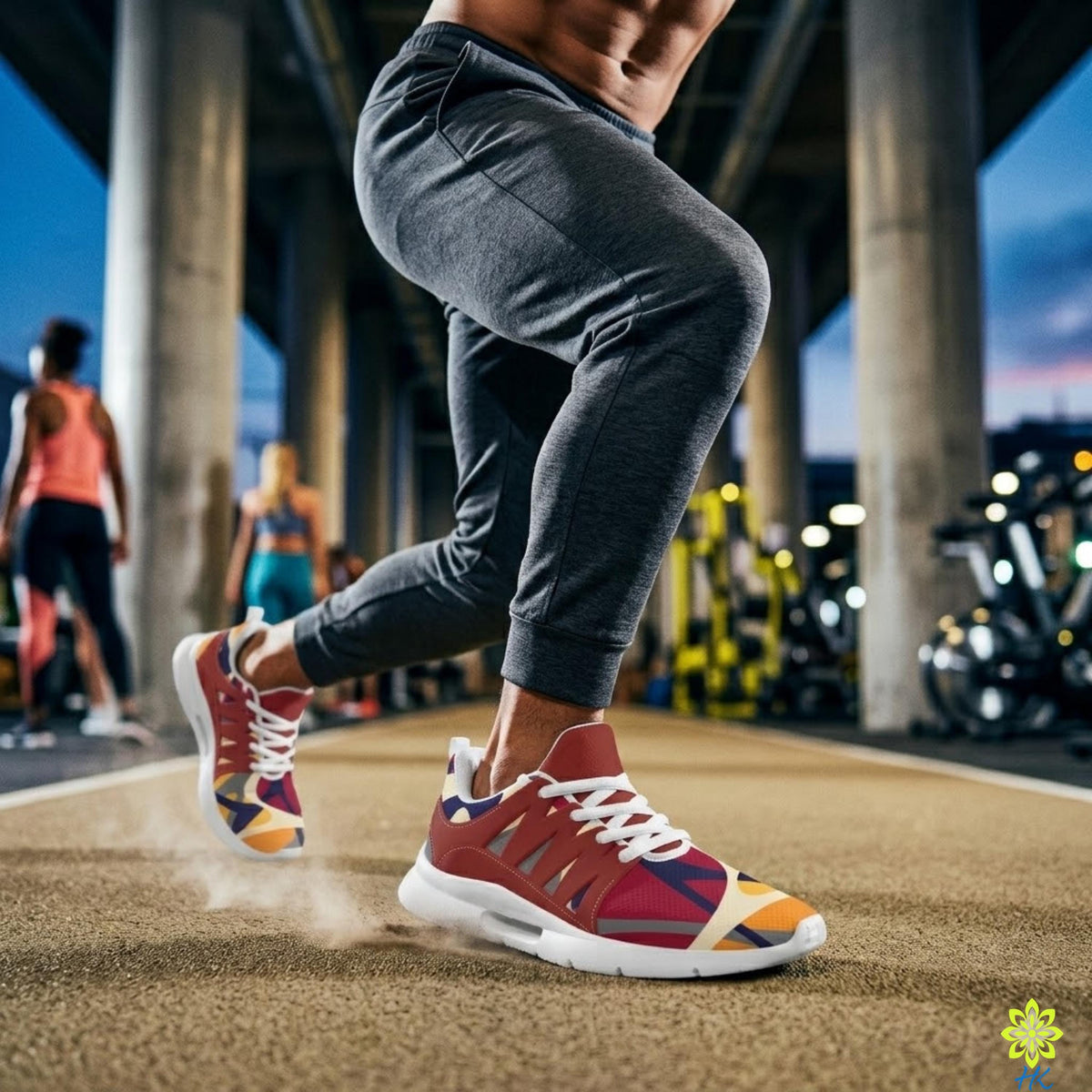 A person wearing colorful sneakers is captured in motion, with a blurred background that includes other people and exercise equipment.