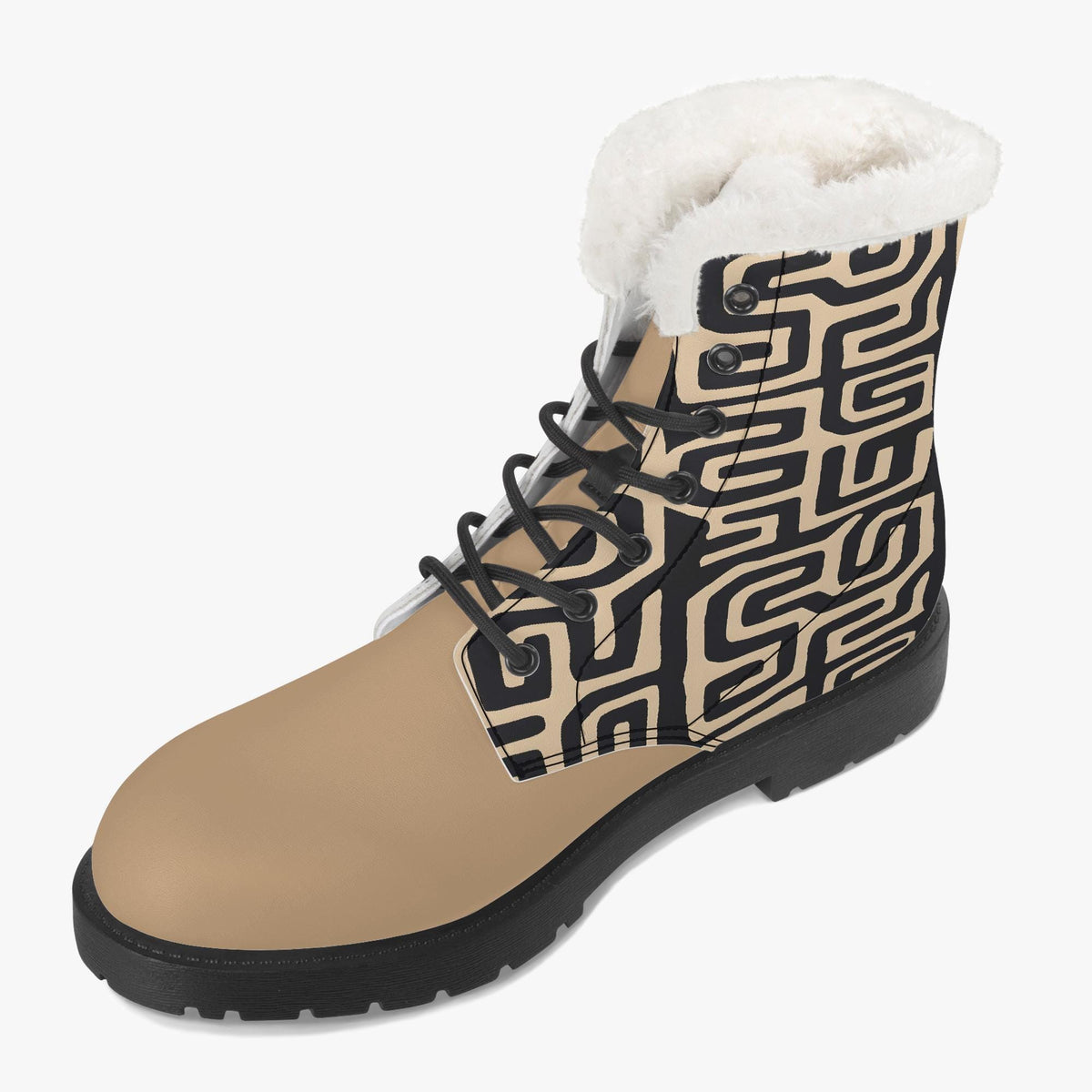 A tan and black patterned boot with a white fur lining.