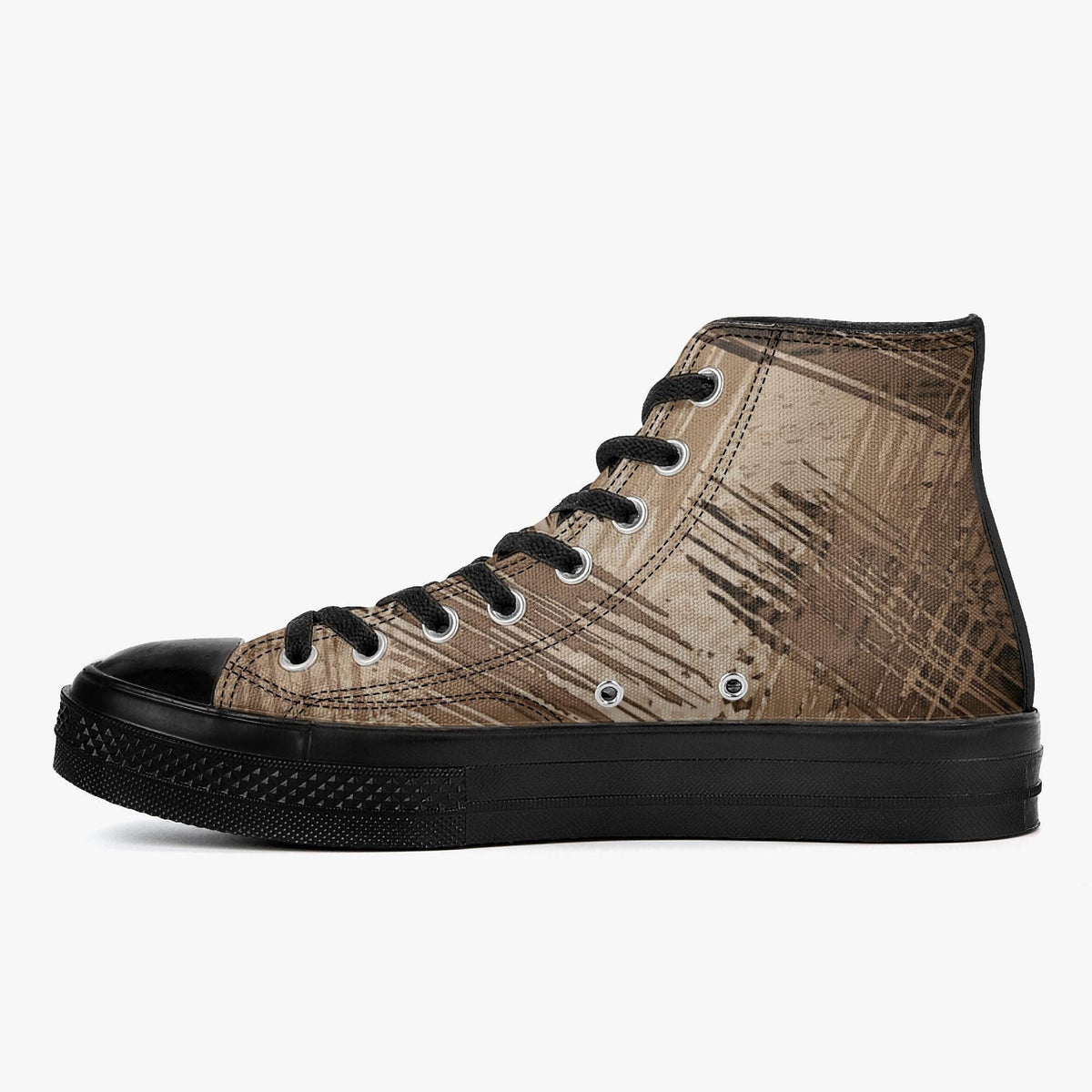 A brown and black high-top sneaker with a black sole and laces.