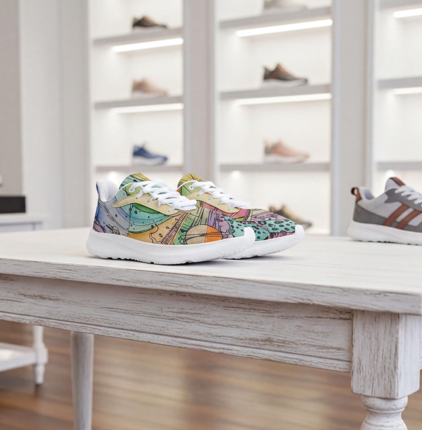 A pair of colorful sneakers with a unique, abstract design is displayed on a white wooden table in a shoe store.
