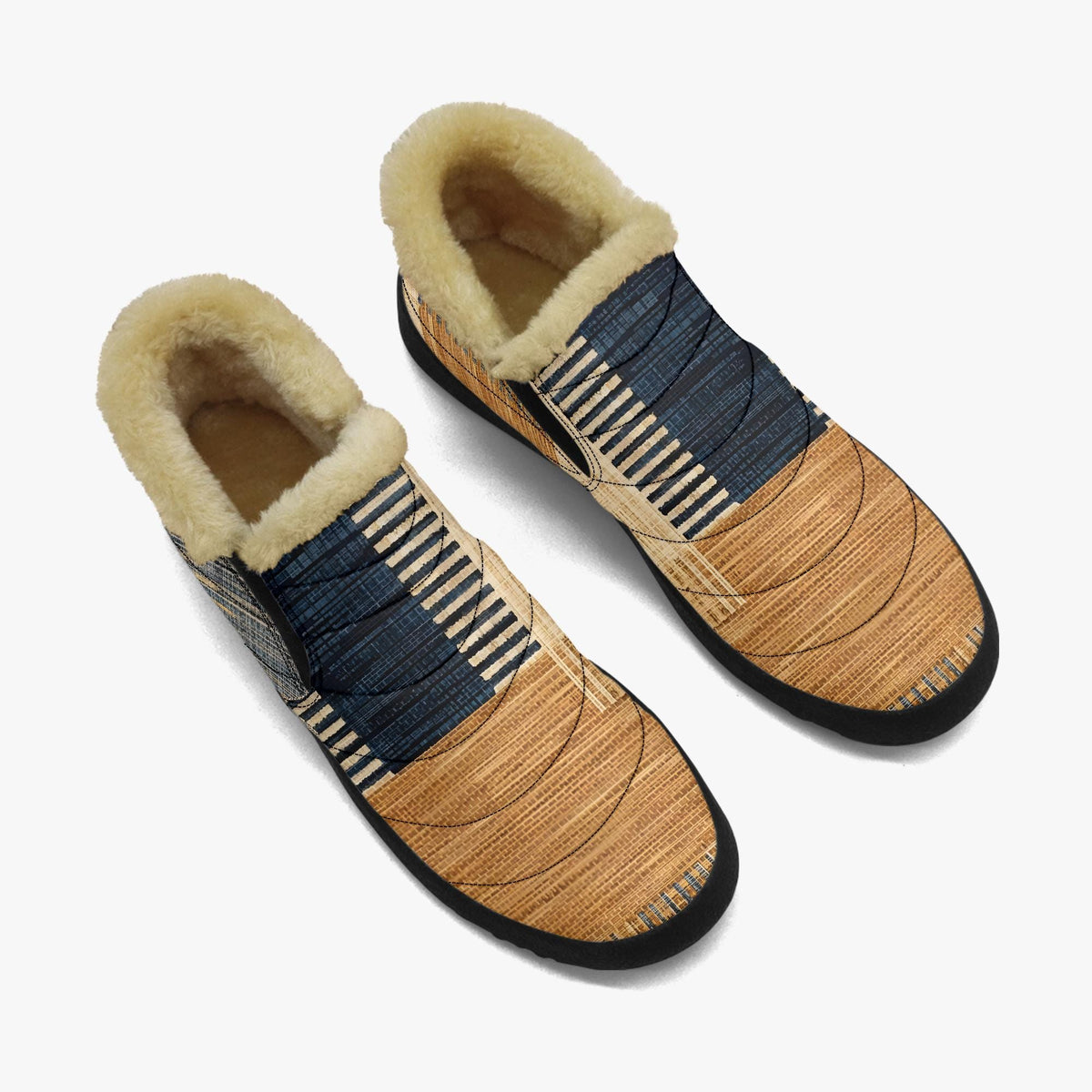 A pair of brown and blue patterned shoes with fur lining.
