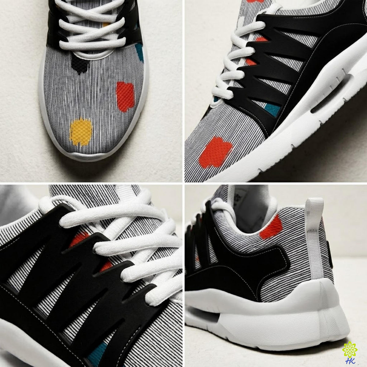 Collage ravvicinato della punta delle sneakers a righe gessate, dell'area dei lacci bianchi, degli inserti laterali e del tal