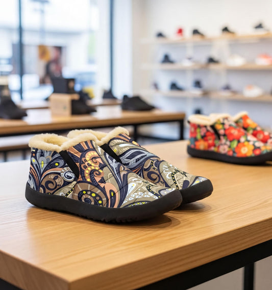 A pair of patterned, colorful shoes with fur lining is displayed on a wooden table in a shoe store, with other shoes visible in the background.