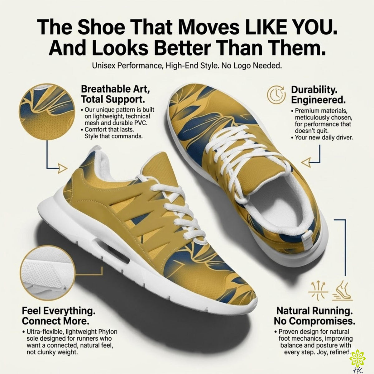 The image is a promotional graphic for a shoe that claims to be designed for runners who prefer a more natural feel and style, rather than a high-end, branded shoe.