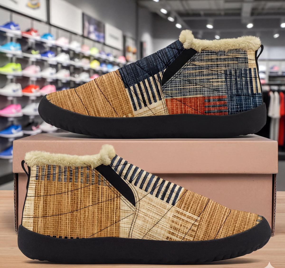 A pair of colorful, patterned slip-on shoes displayed on top of a box in a retail setting.