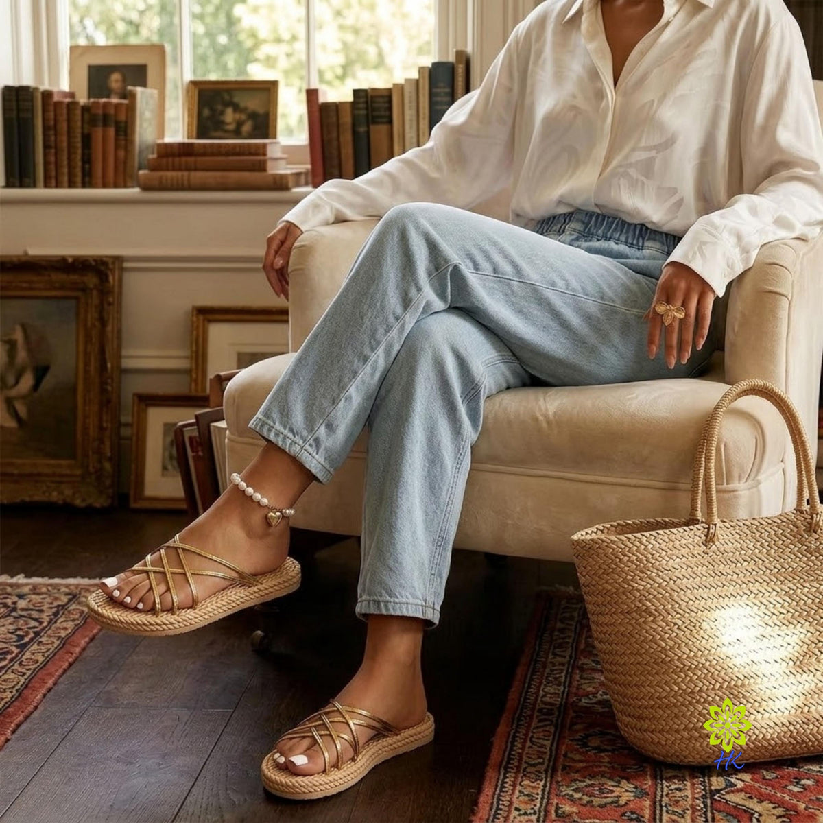 Modella seduta in soggiorno con sandali slide dorati, jeans e borsa in vimini intrecciato