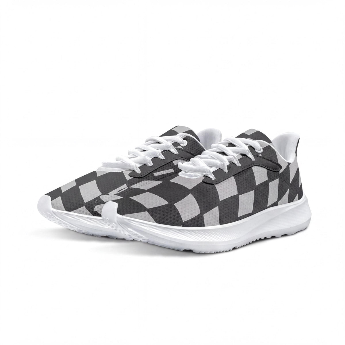 A pair of black and white checkered sneakers with white soles.