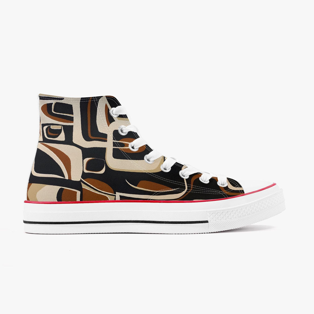 A pair of high-top sneakers with a bold, abstract pattern in shades of brown, black, and white.